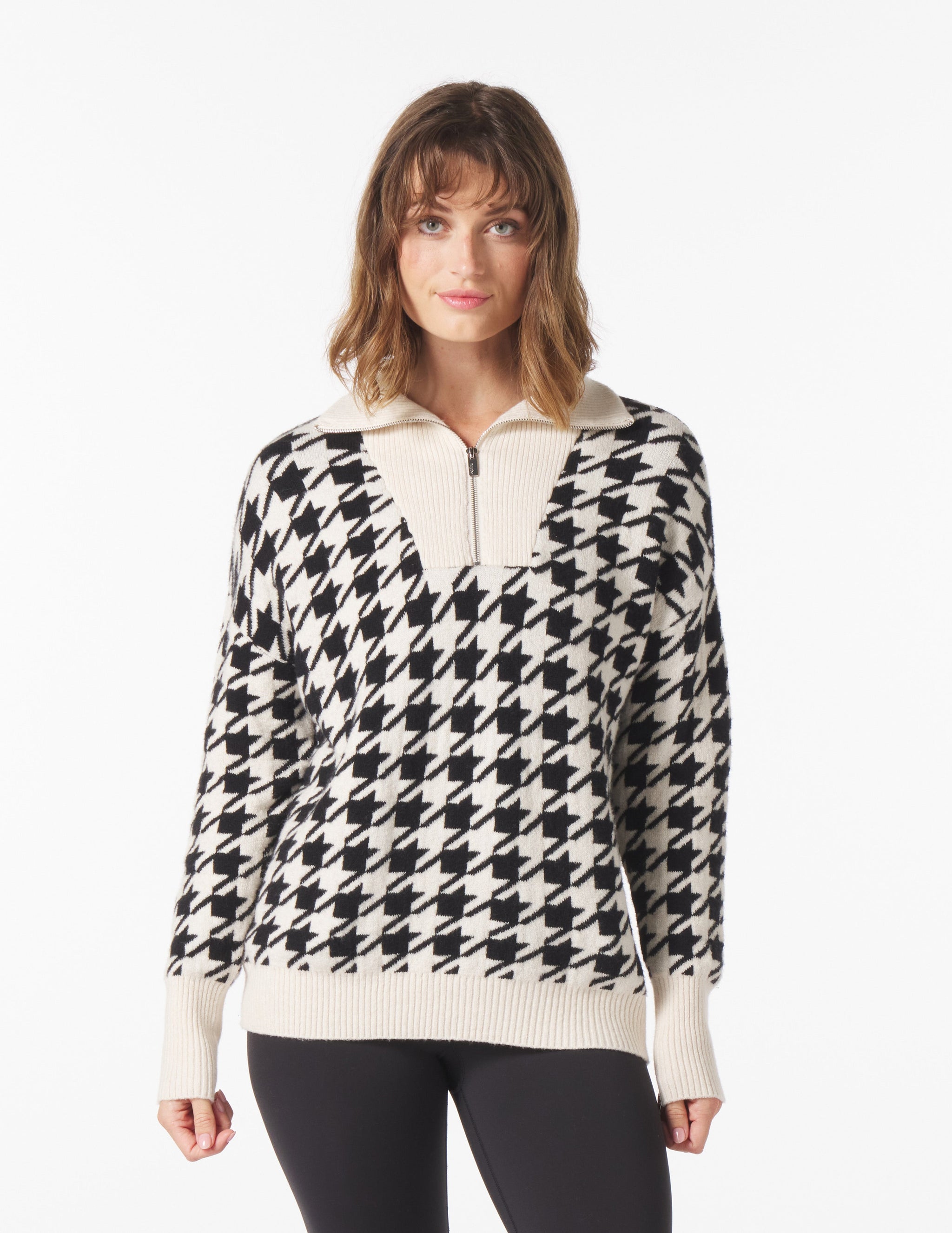 Elevated 1/4 Zip: Black/Oatmilk Houndstooth Elevated 1/4 Zip: Black/Oatmilk Houndstooth