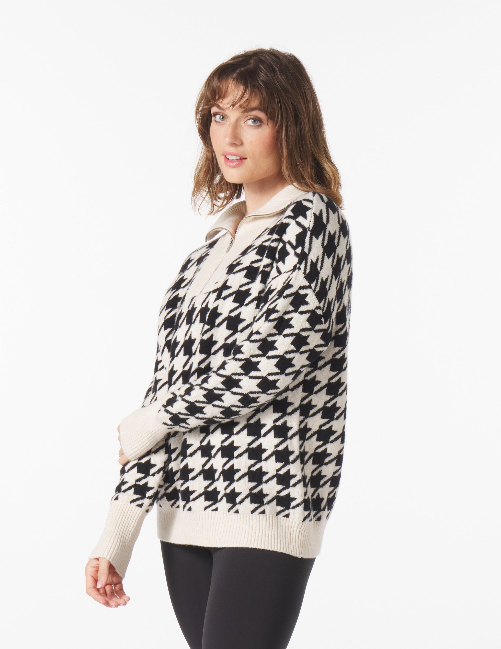 Elevated 1/4 Zip: Black/Oatmilk Houndstooth Elevated 1/4 Zip: Black/Oatmilk Houndstooth