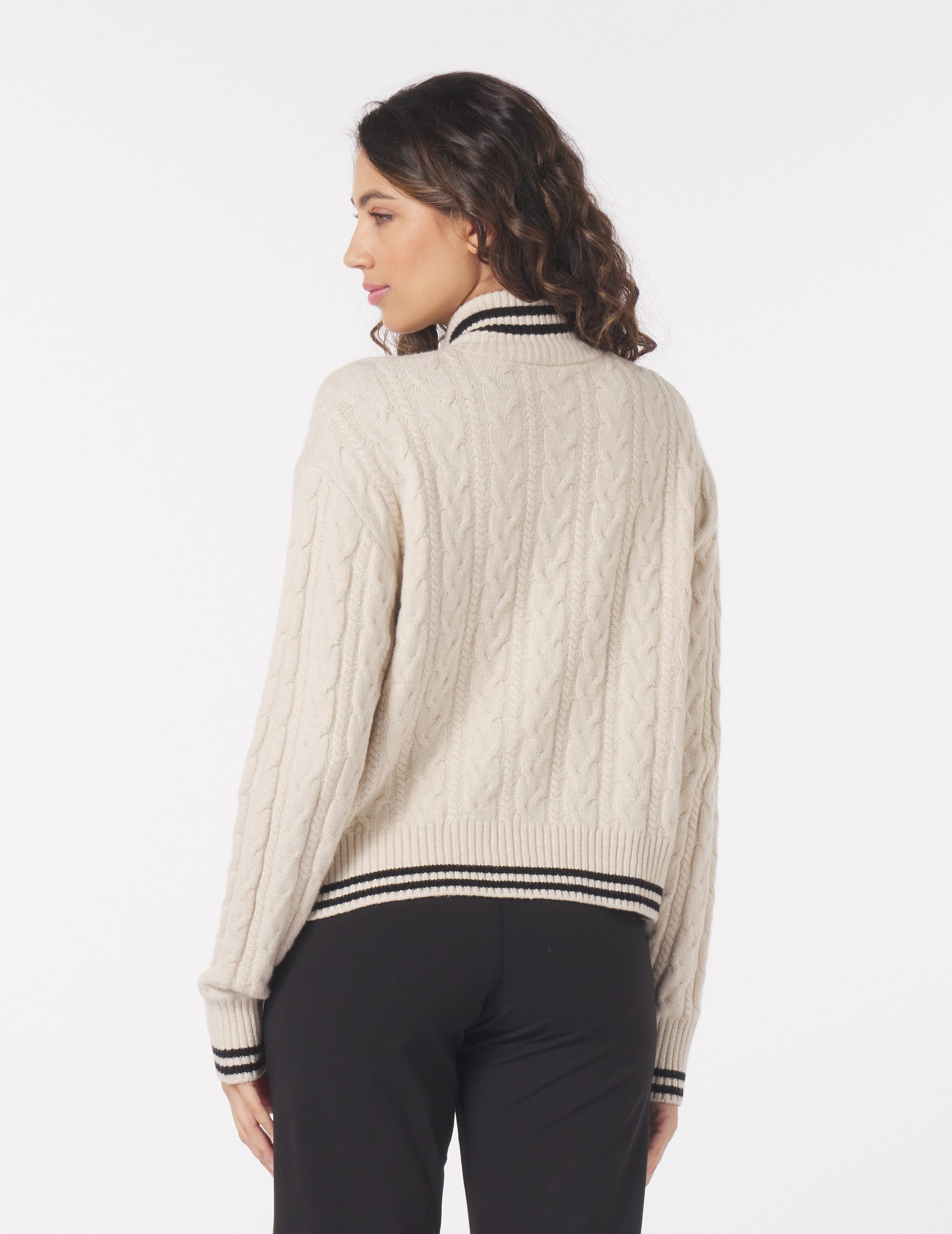 Leisure Cable Knit Zip Up: Oatmilk/Black Leisure Cable Knit Zip Up: Oatmilk/Black