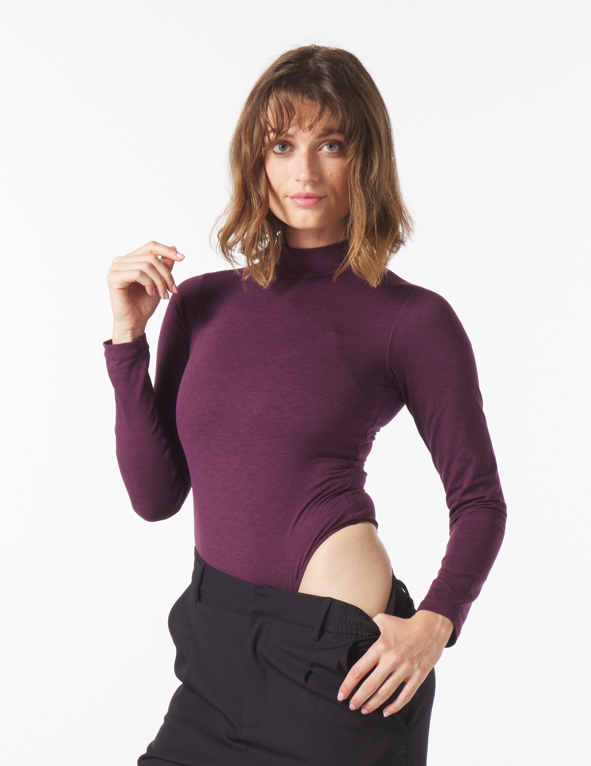 Long Sleeve Mock Neck Body Suit: Mulberry Long Sleeve Mock Neck Body Suit: Mulberry