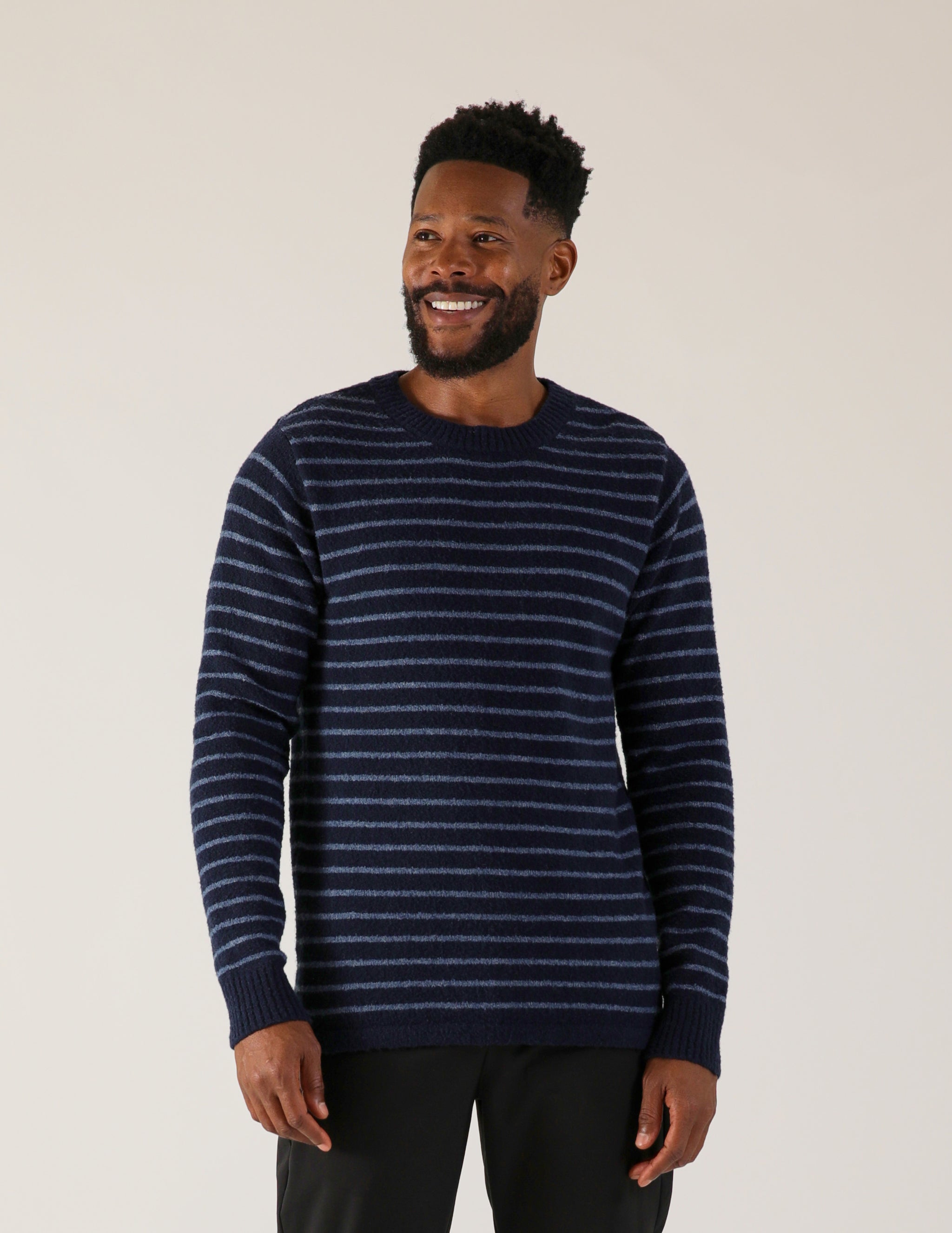 Ridge View Boucle Sweater: Navy Stripe Ridge View Boucle Sweater: Navy Stripe
