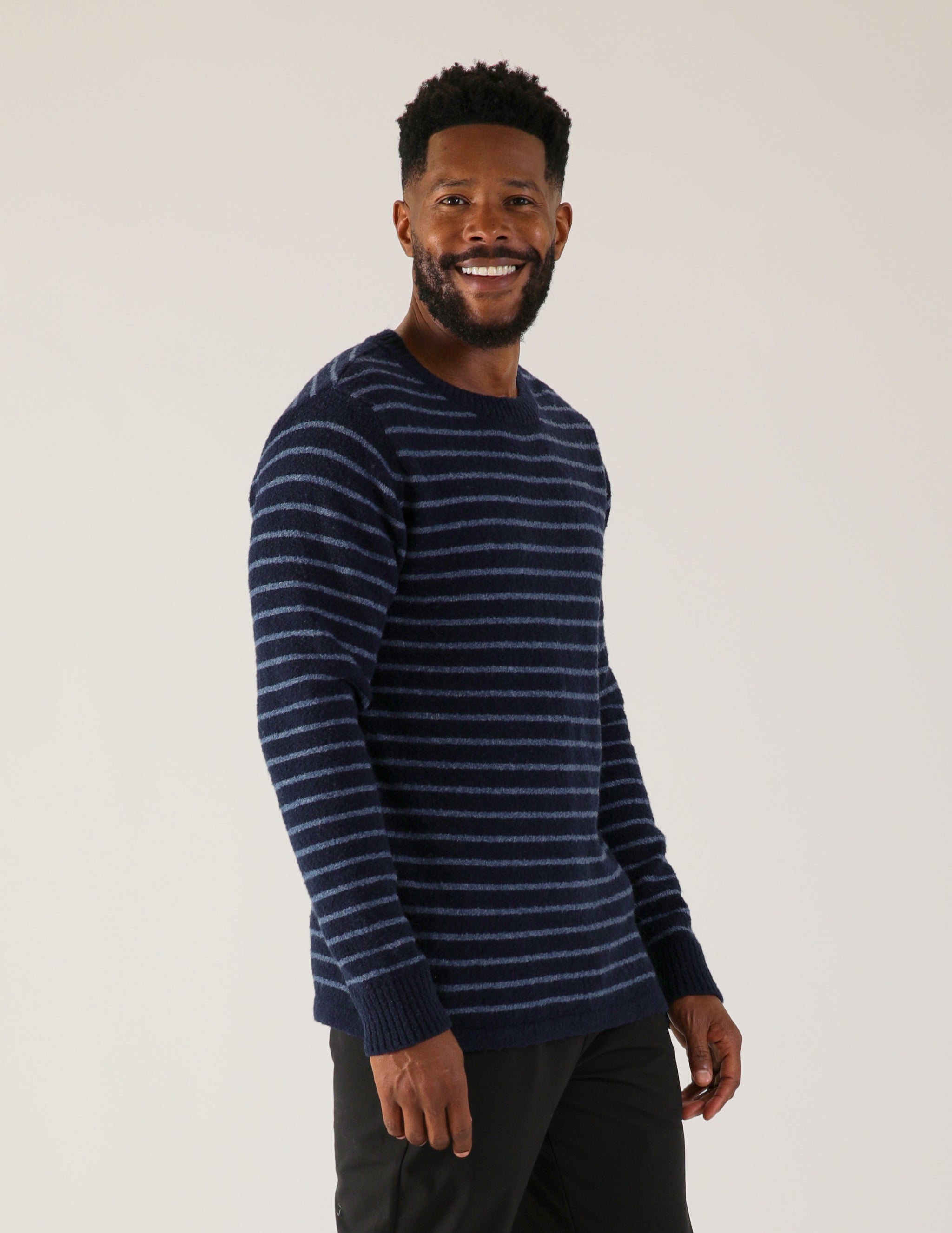 Ridge View Boucle Sweater: Navy Stripe Ridge View Boucle Sweater: Navy Stripe