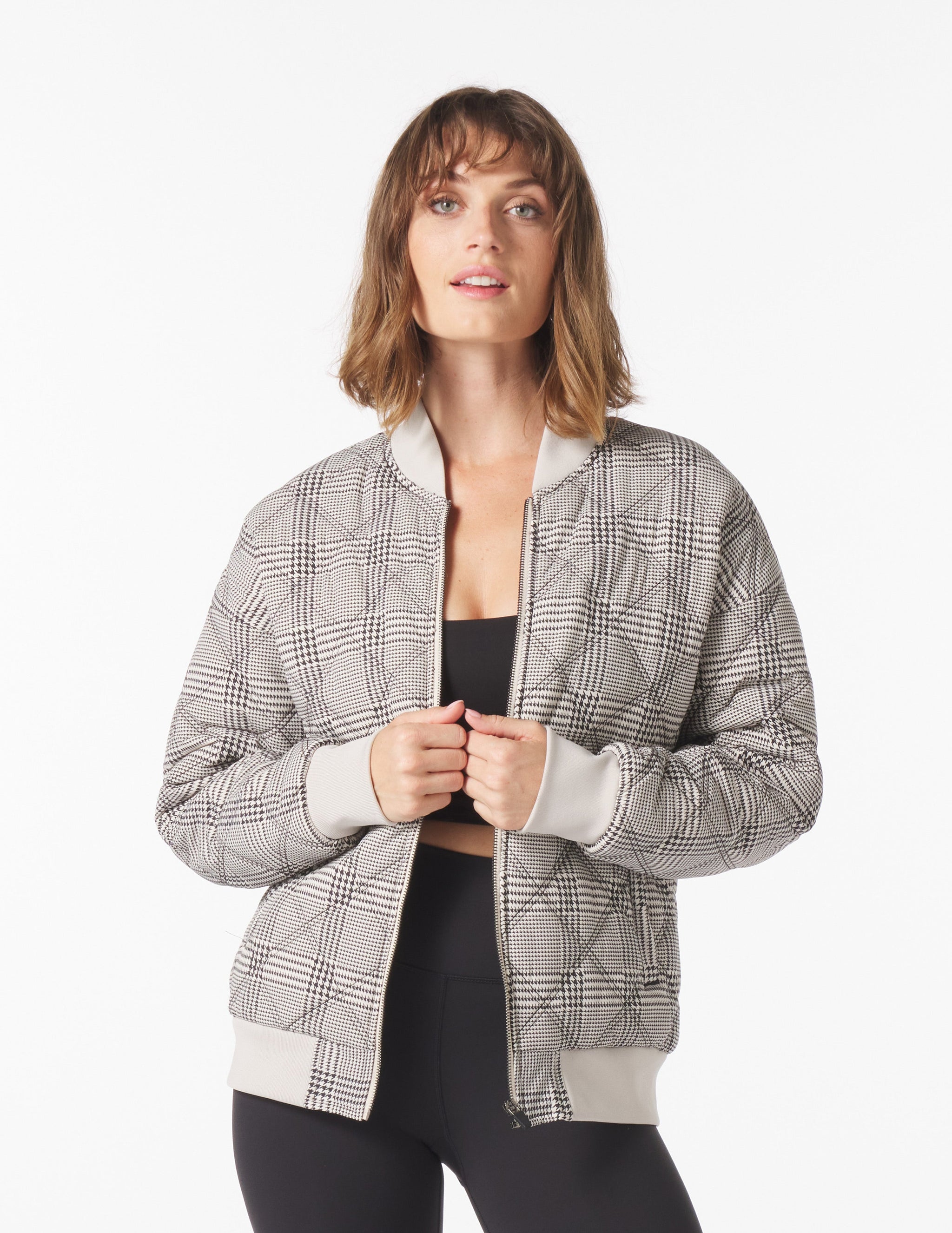 Varsity Jacket: Oatmilk/Black Glen Plaid Varsity Jacket: Oatmilk/Black Glen Plaid