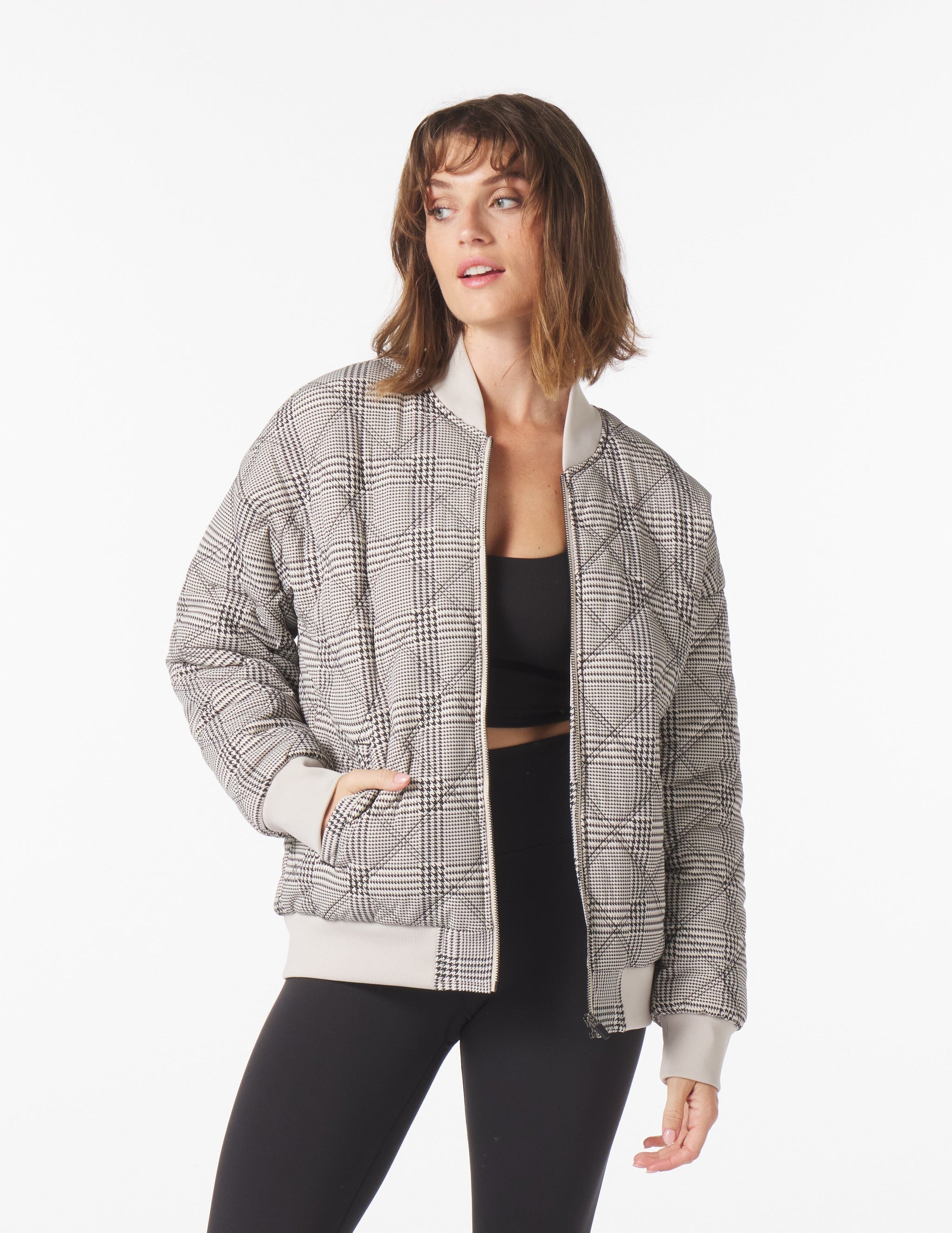 Varsity Jacket: Oatmilk/Black Glen Plaid Varsity Jacket: Oatmilk/Black Glen Plaid