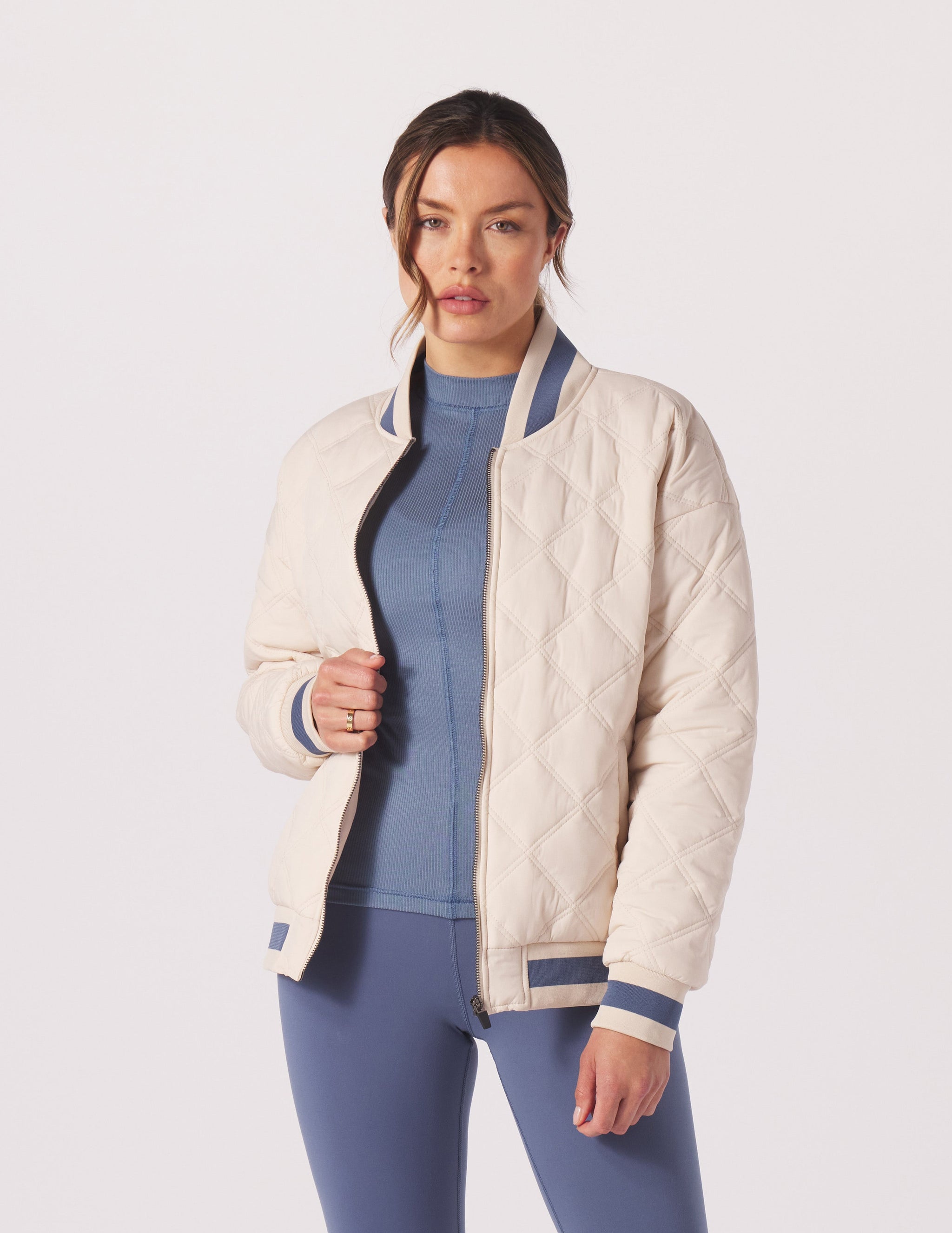 Varsity Jacket: Oatmilk/Washed Blue Varsity Jacket: Oatmilk/Washed Blue