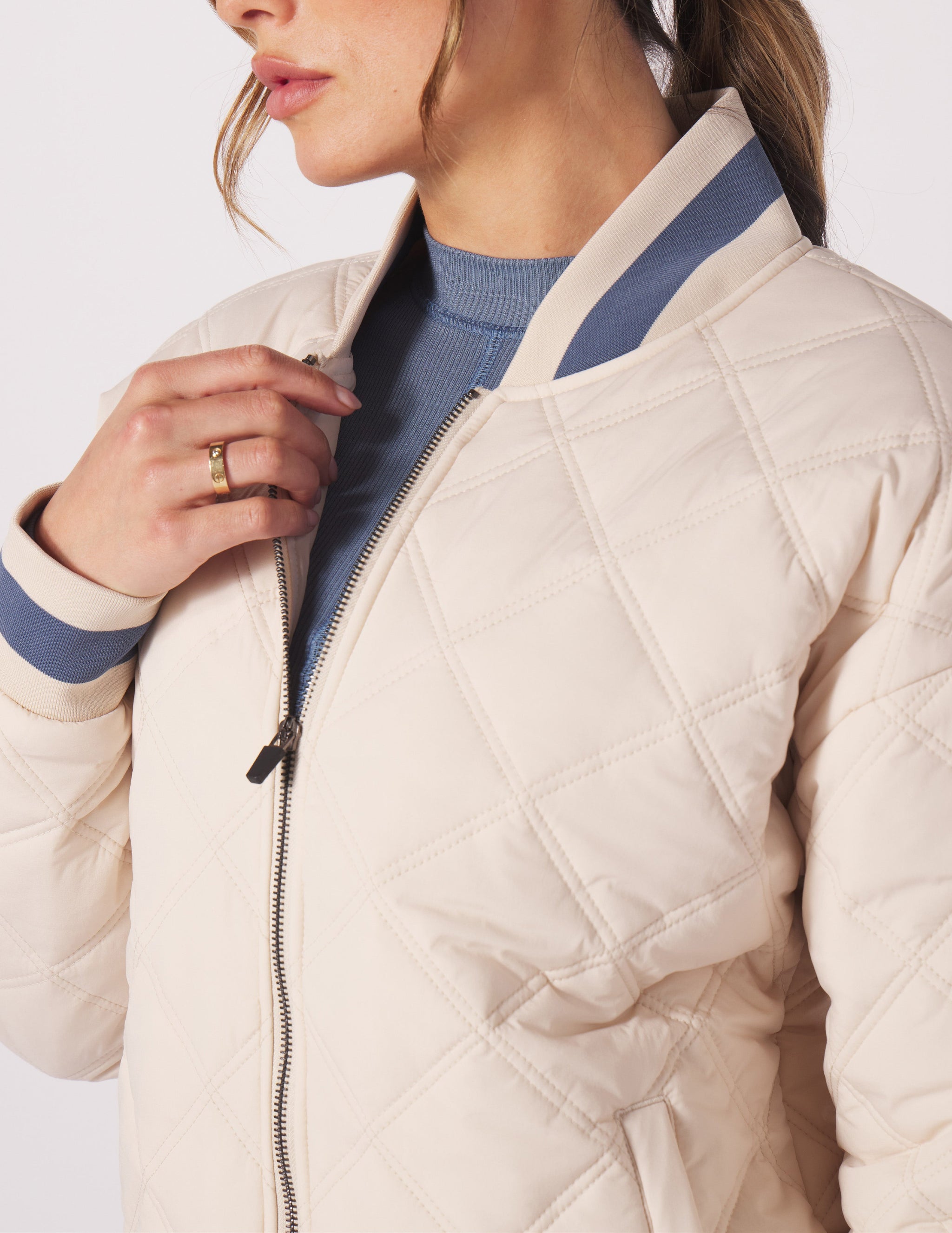 Varsity Jacket: Oatmilk/Washed Blue Varsity Jacket: Oatmilk/Washed Blue