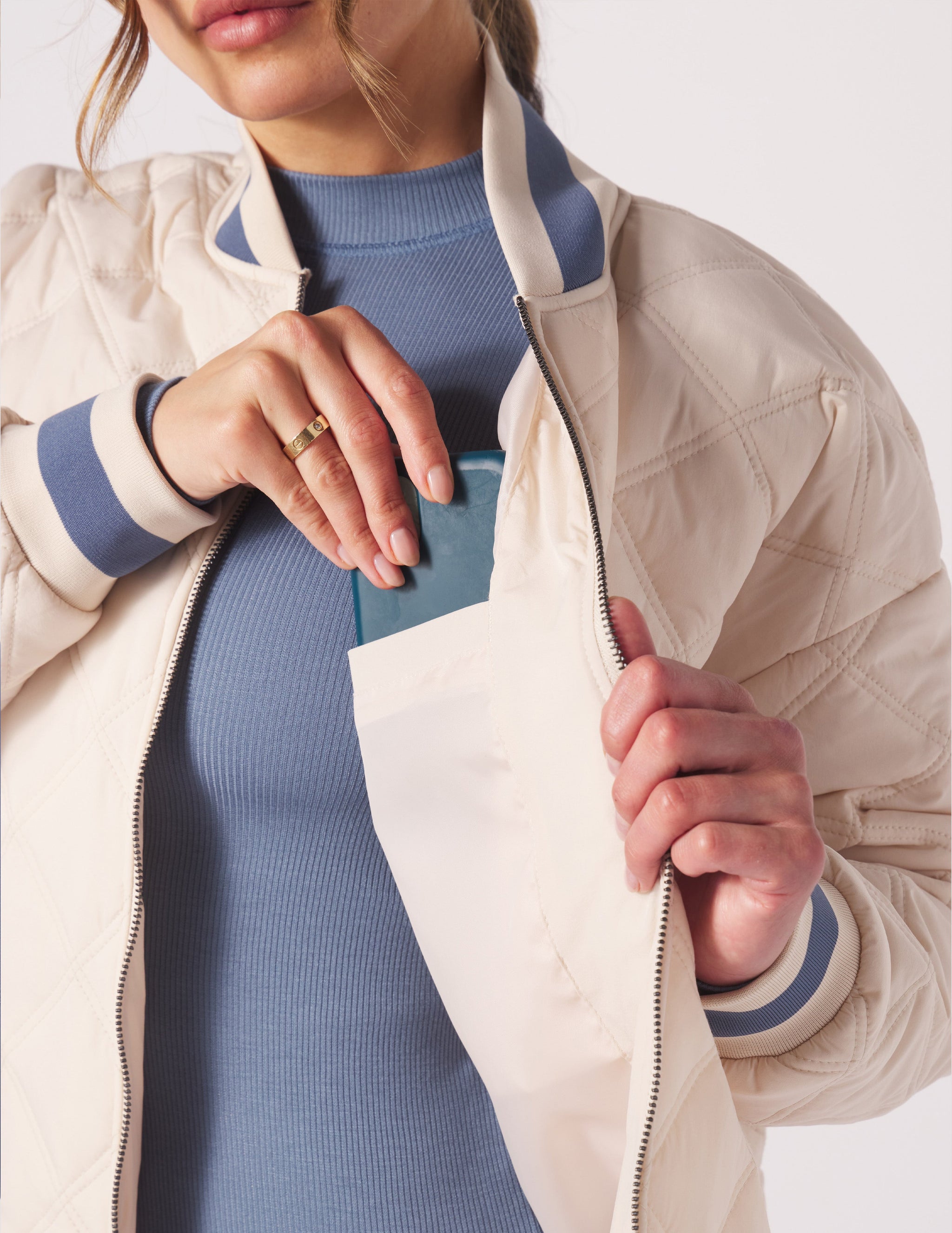 Varsity Jacket: Oatmilk/Washed Blue Varsity Jacket: Oatmilk/Washed Blue