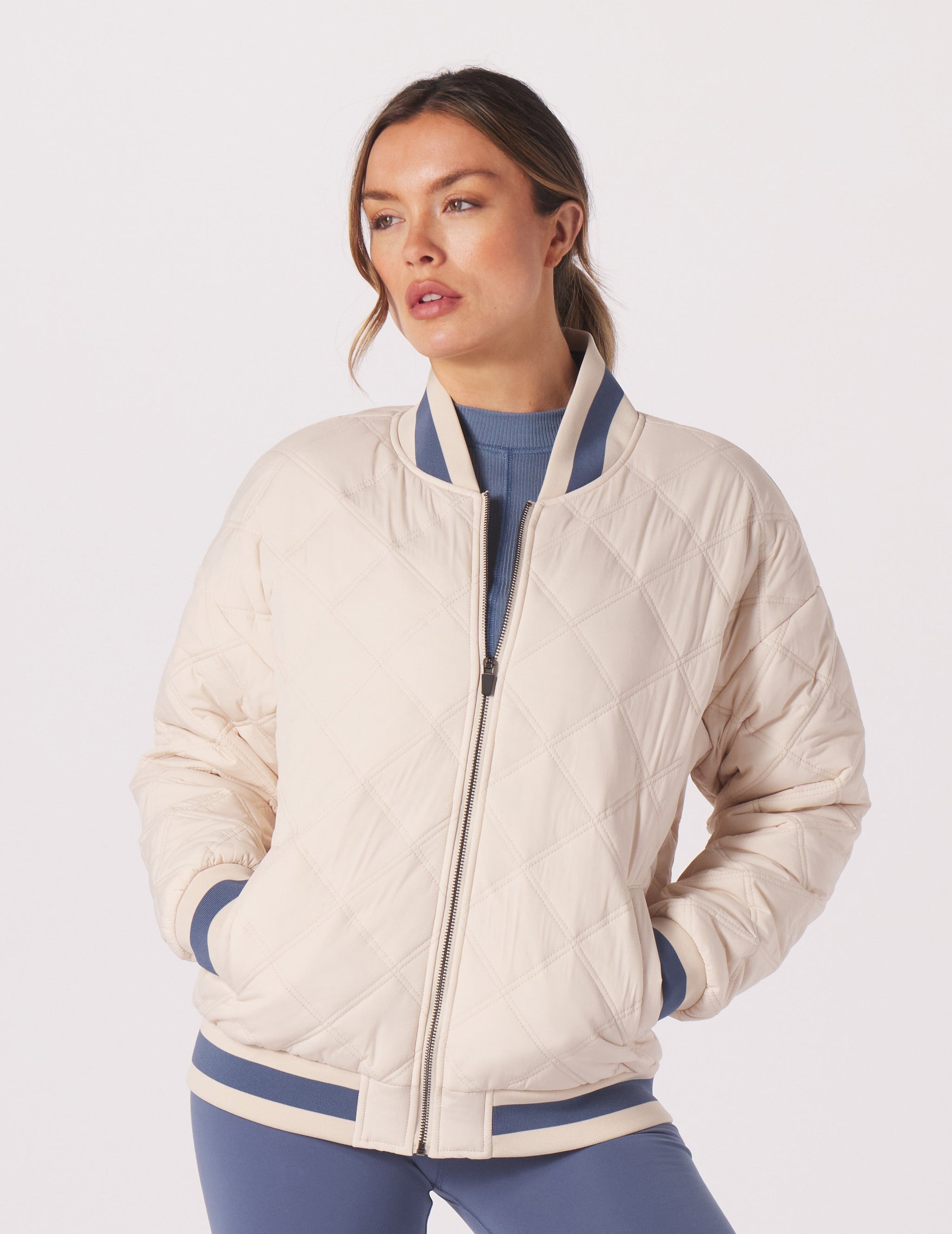 Varsity Jacket: Oatmilk/Washed Blue Varsity Jacket: Oatmilk/Washed Blue