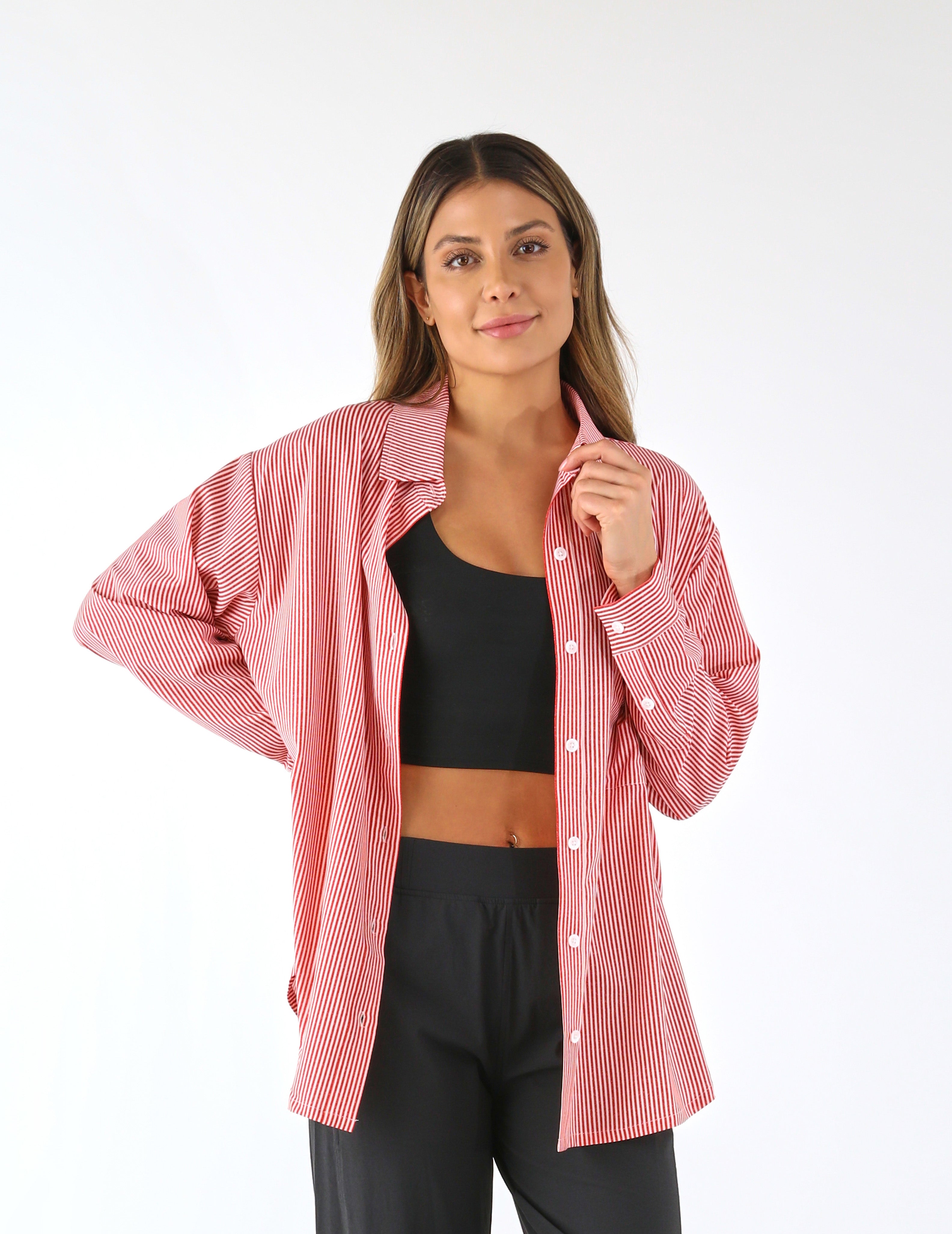 Austin Button Up: Scarlet/White Stripe