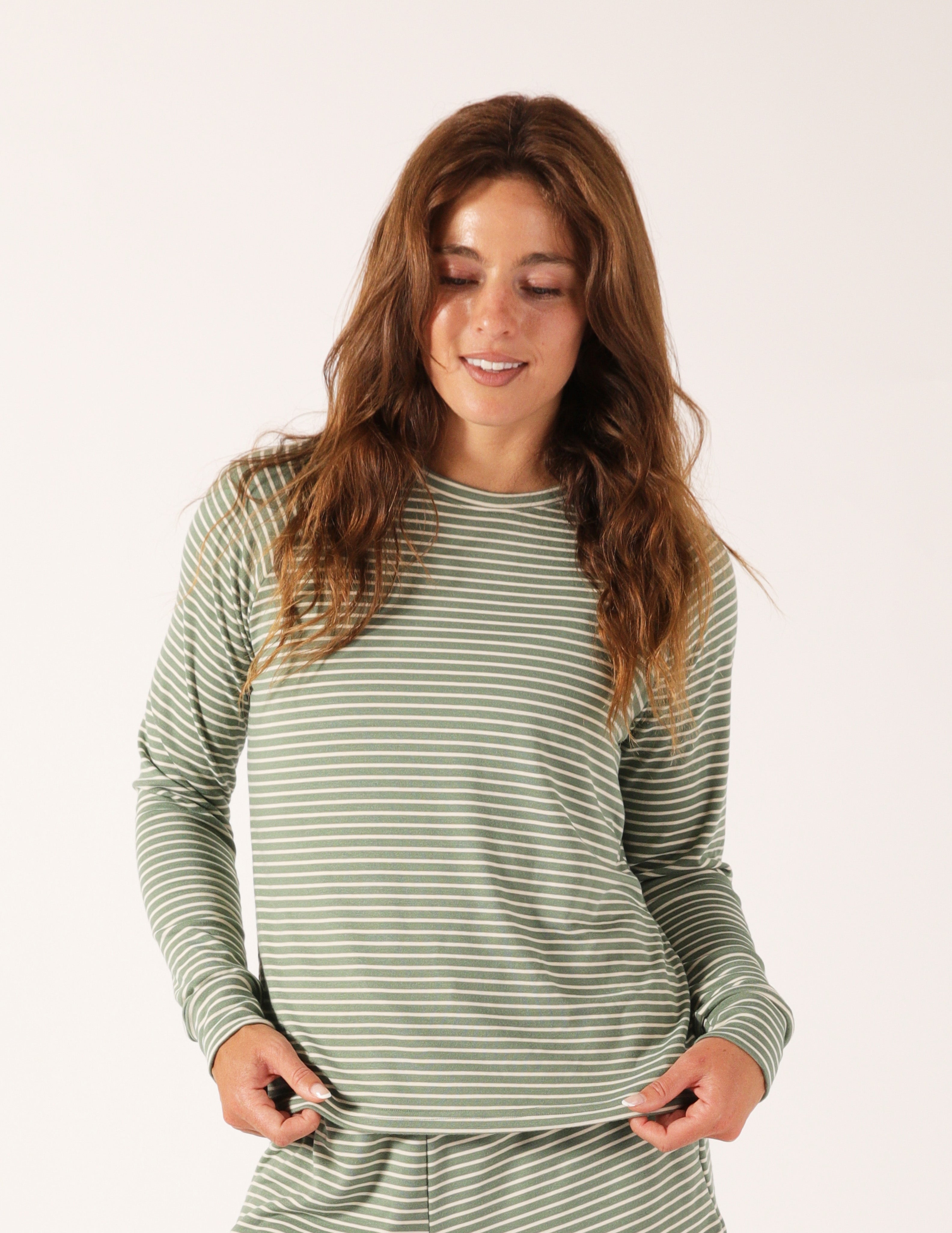 Drift Away Long Sleeve: Basil/Oatmilk Stripe