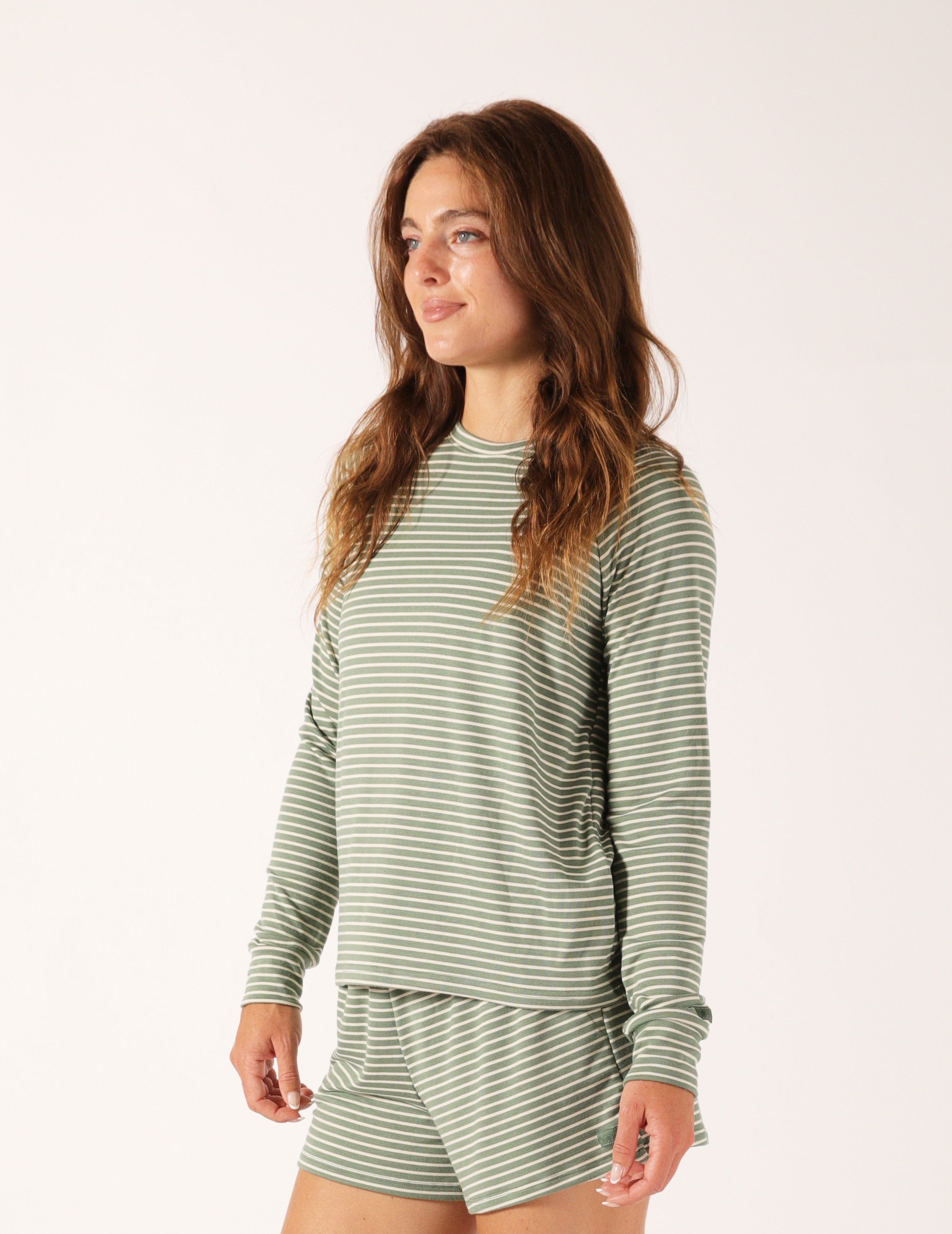 Drift Away Long Sleeve: Basil/Oatmilk Stripe