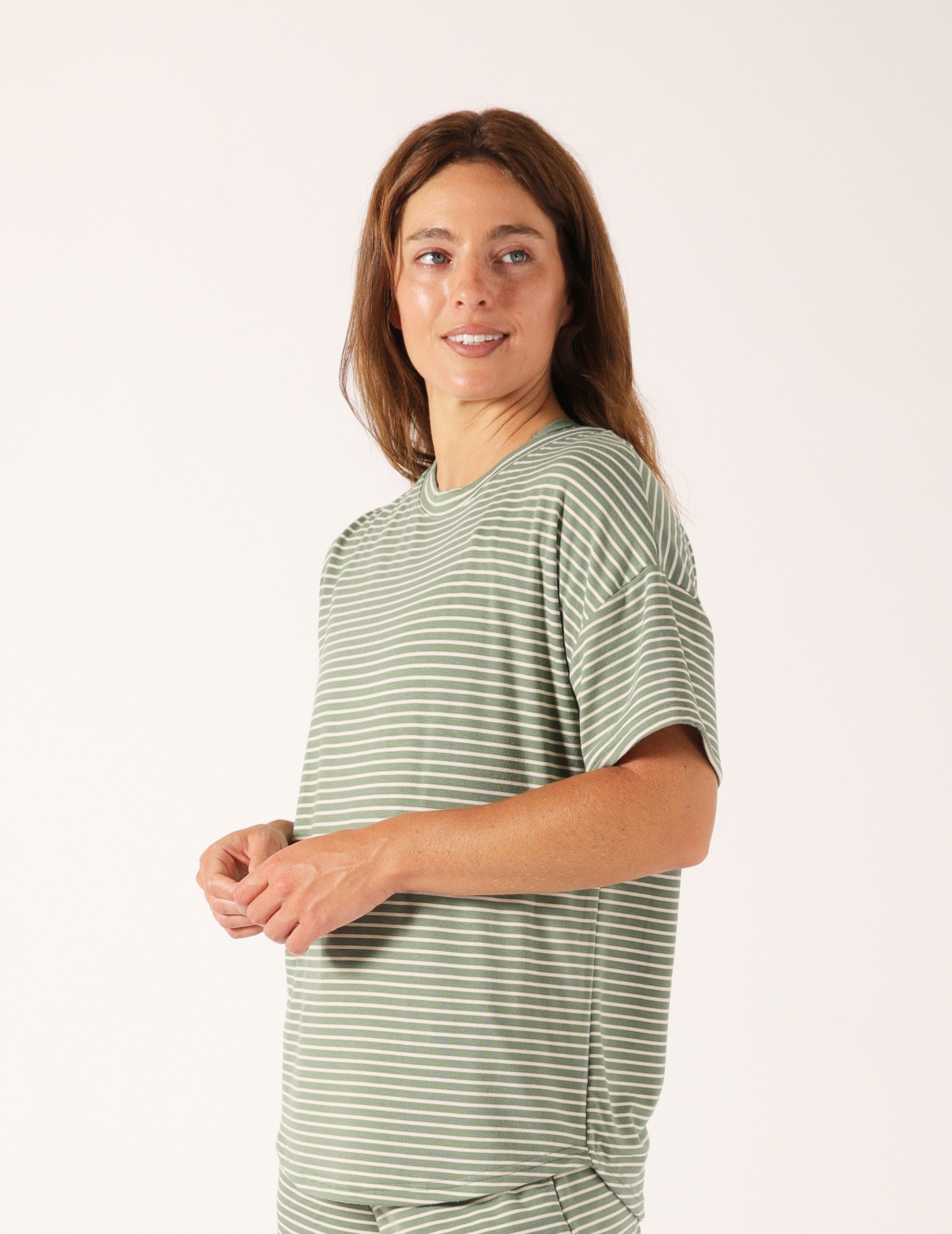 Lazy Haven Tee: Basil/Oatmilk Stripe