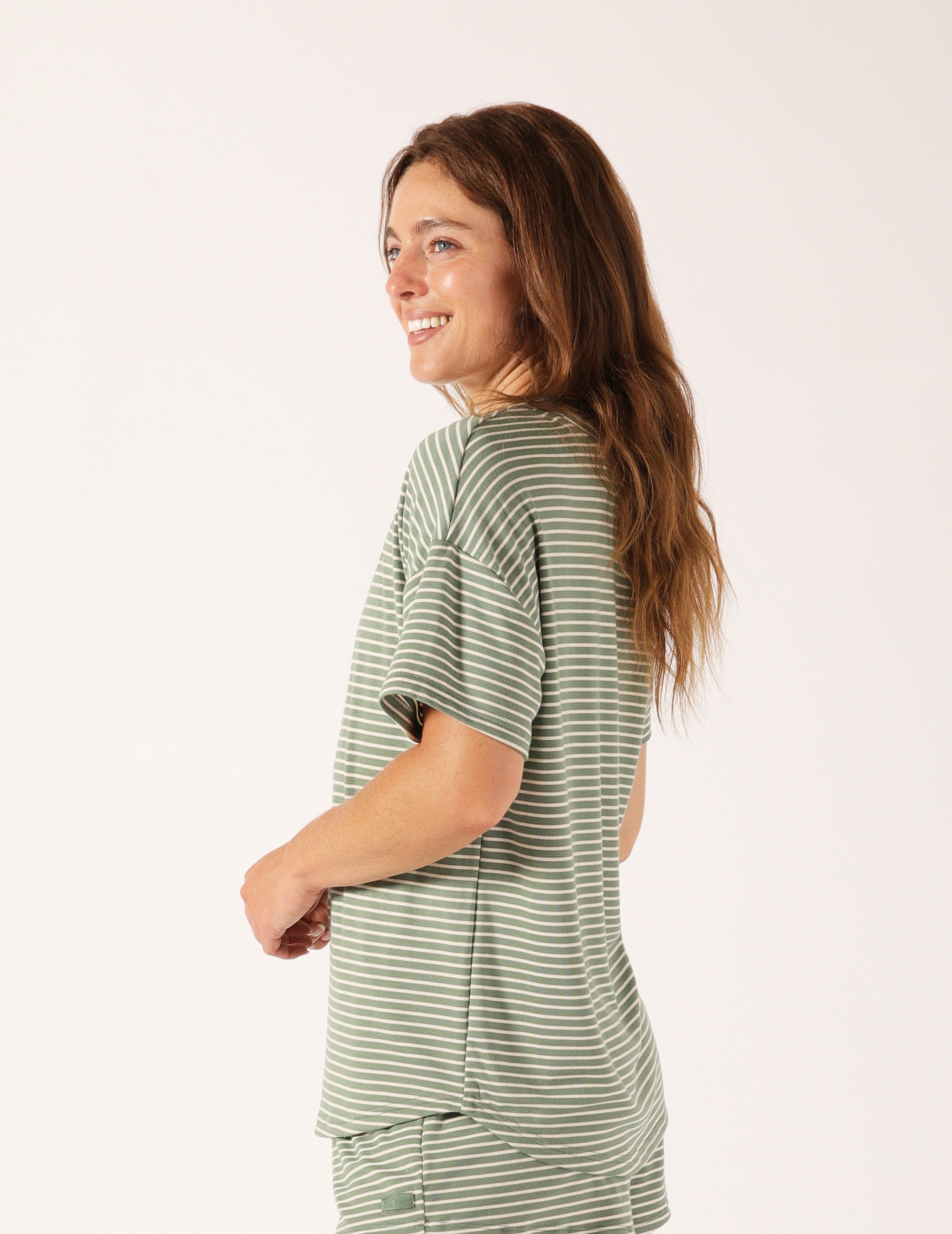Lazy Haven Tee: Basil/Oatmilk Stripe