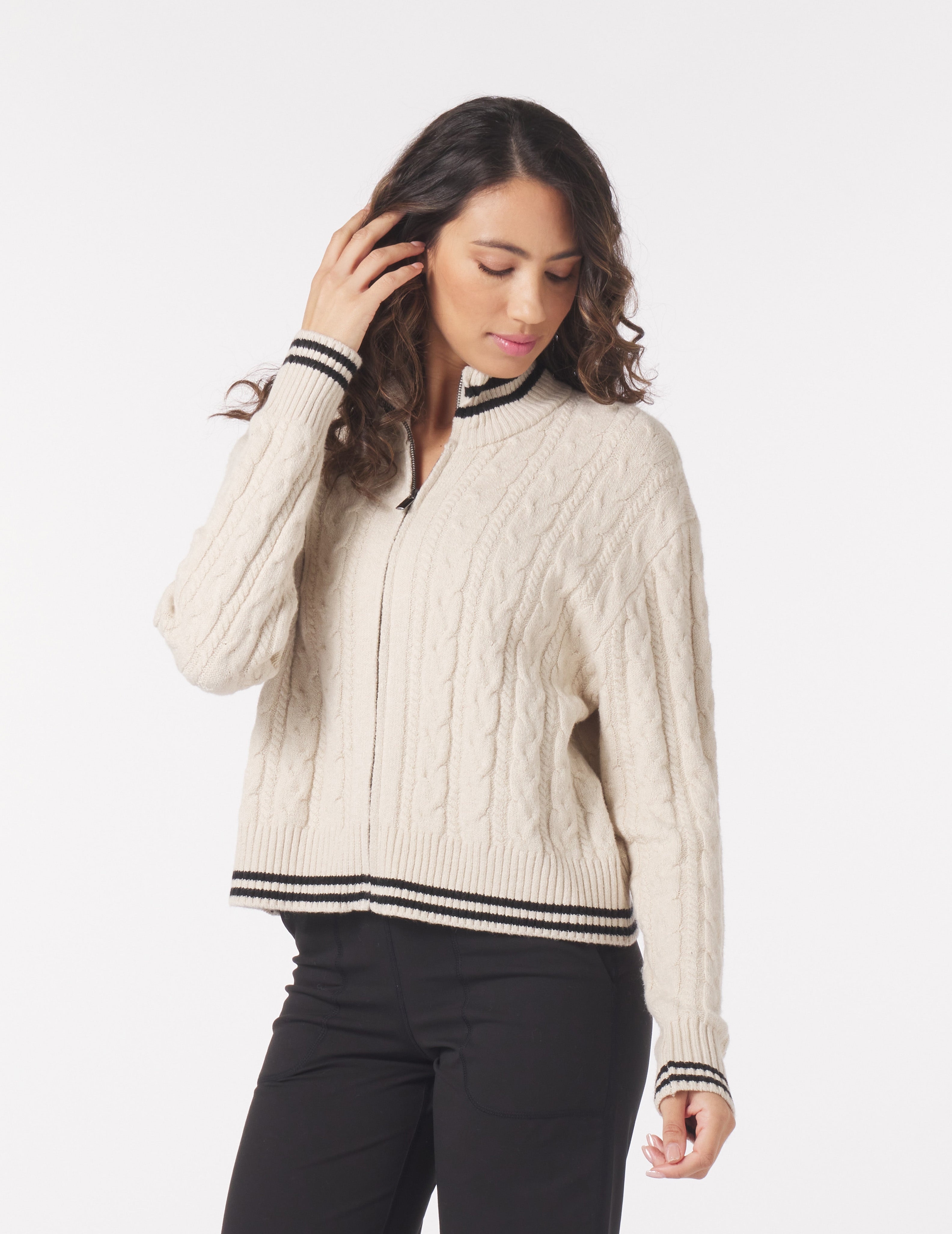 Leisure Cable Knit Zip Up: Oatmilk/Black – Glyder